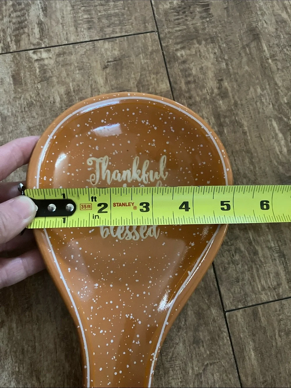 Orange Ceramic Spoon Rest with 'Thankful Grateful Blessed' Script